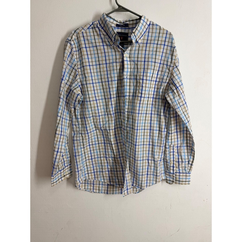 Saddlebred Mens Easy Care Plaid Button Down Shirt Blue Tan Size Medium M